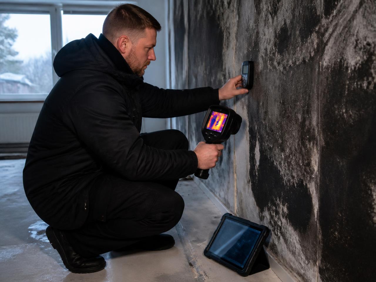 Tekniker som gjør fuktmåling og termografering av en skadet vegg